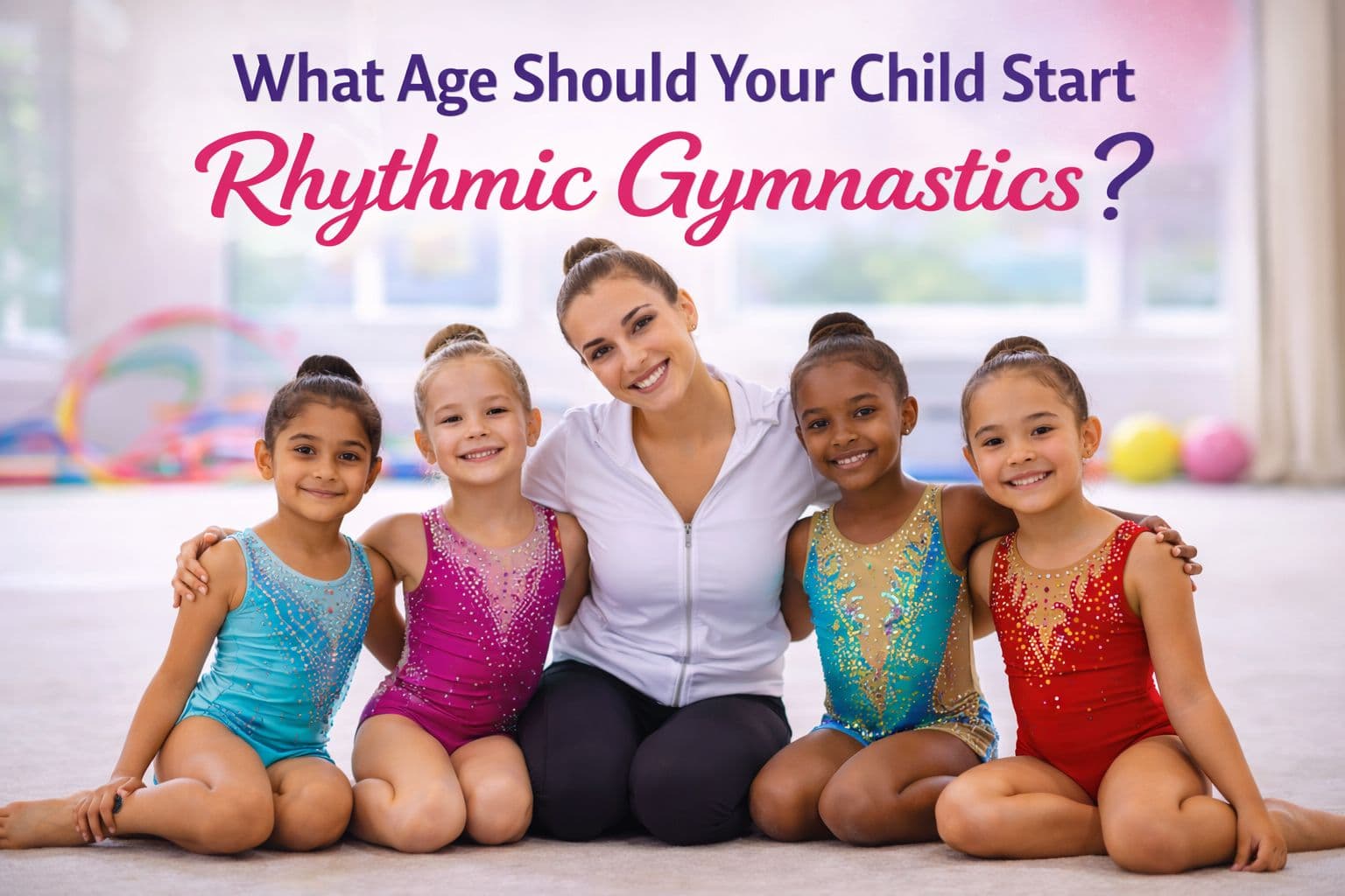 Young rhythmic gymnastics students with their coach smiling together