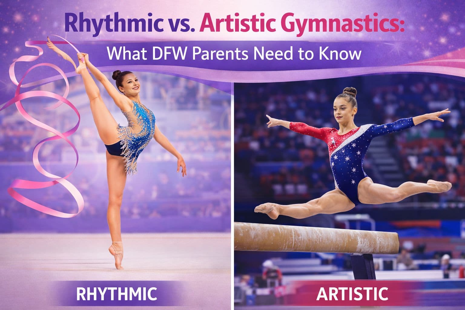 Side-by-side comparison of rhythmic gymnastics with ribbon and artistic gymnastics on beam
