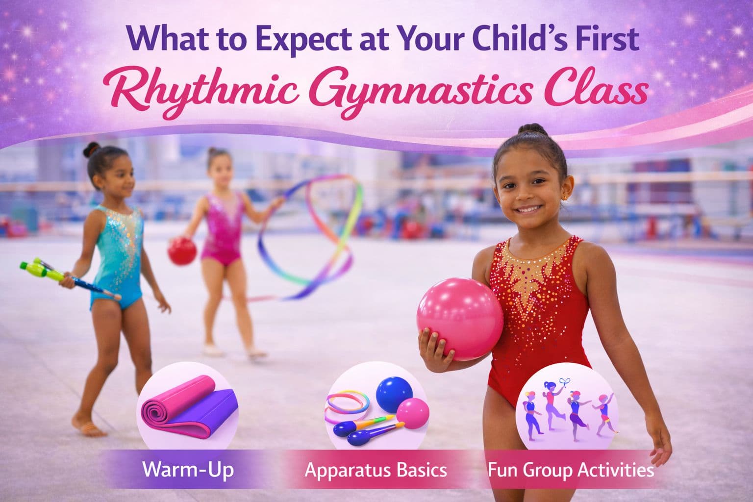 Young rhythmic gymnastics students with their coach smiling together